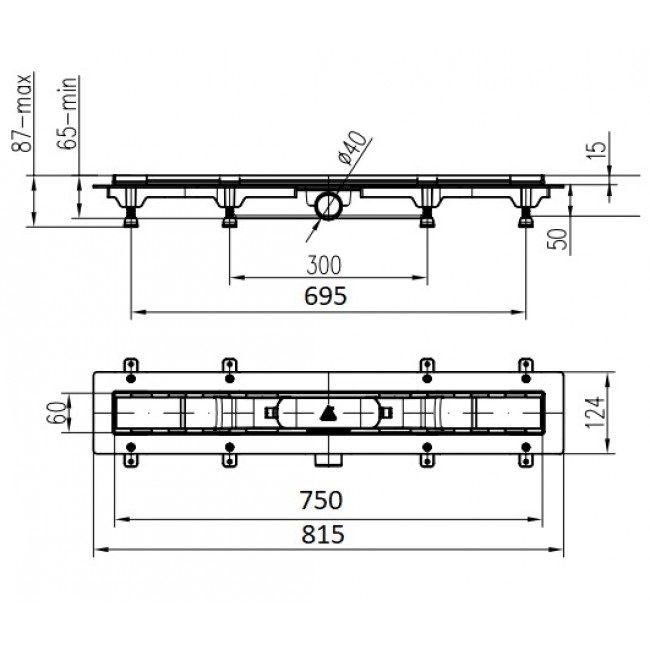 Схема MCH 750 KN1 душевой канал 750 мм с матовой решеткой Классик под плитку 