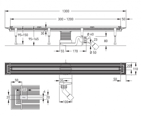 Схема Viega Advantix Vario 686277 Душевой лоток с регулируемой длиной 30-120 см